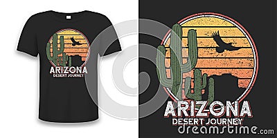 Arizona t-shirt design with cactus, eagle and rock mountains. Vector Illustration